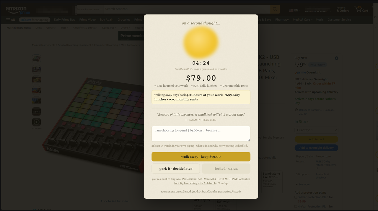 The pause overlay appearing over a checkout, with a breathing blob, a countdown, and the price shown in hours of your work.
