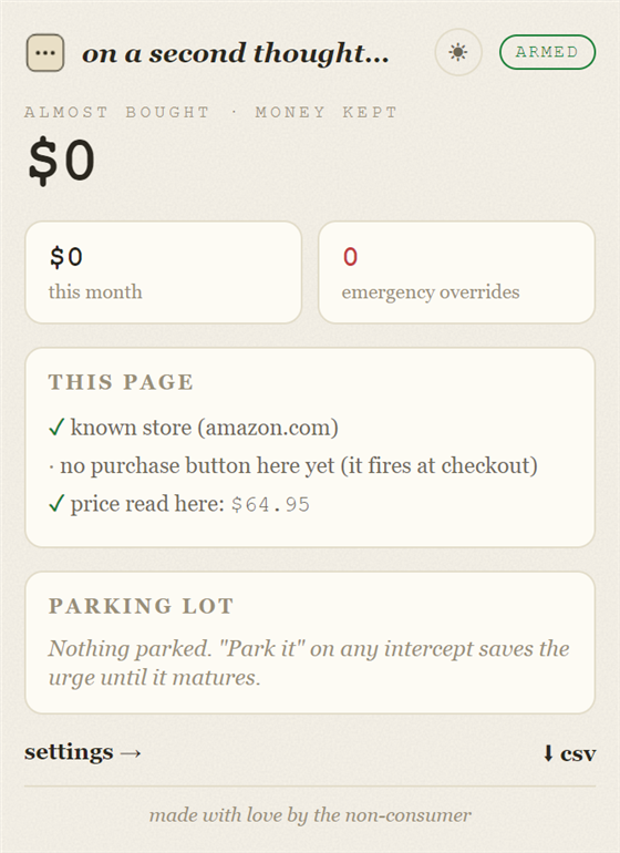 The toolbar popup showing money kept, this page detection, and the parking lot.