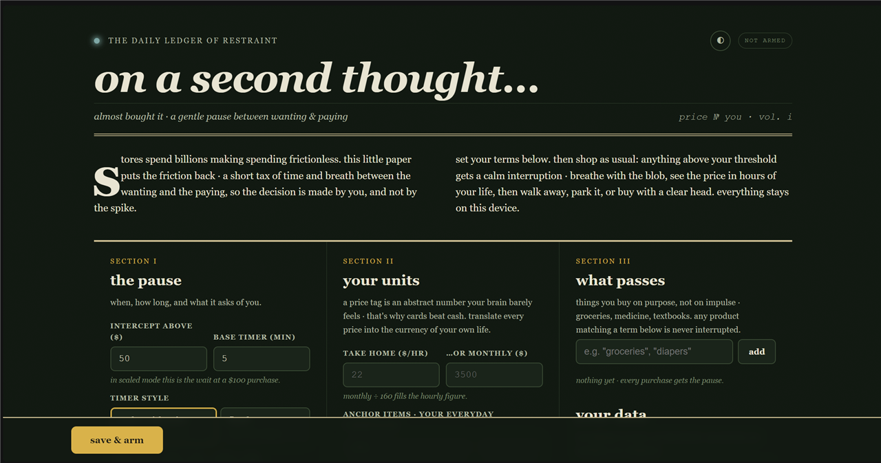 The setup page in dark forest green theme, laid out like a newspaper.